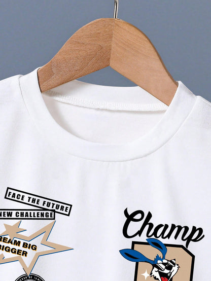 Baby Boy Cartoon Print Round Neck Short Sleeve T-Shirt And Casual Drawstring Waist Shorts Set