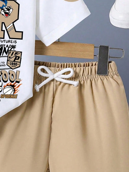 Baby Boy Cartoon Print Round Neck Short Sleeve T-Shirt And Casual Drawstring Waist Shorts Set