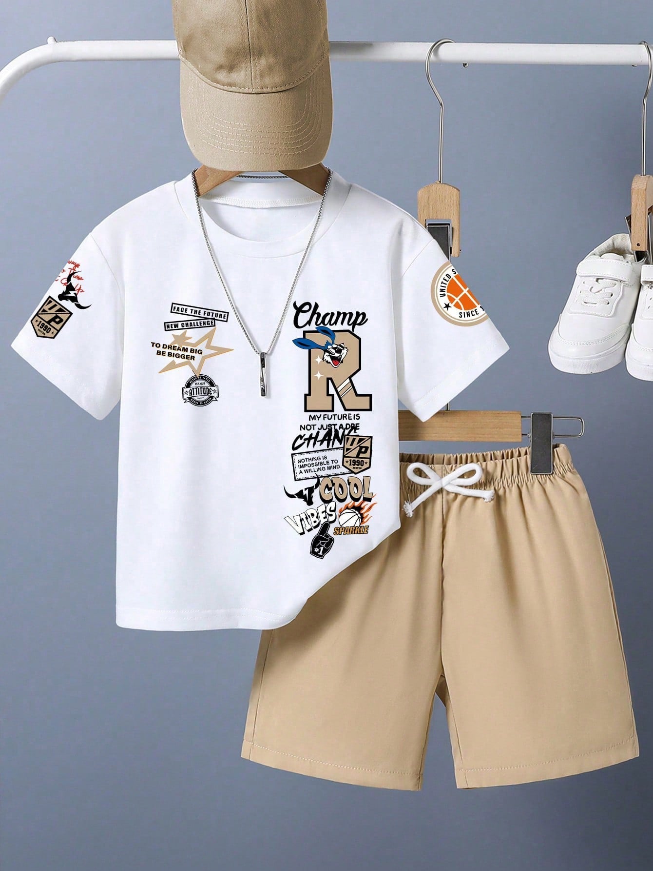 Baby Boy Cartoon Print Round Neck Short Sleeve T-Shirt And Casual Drawstring Waist Shorts Set