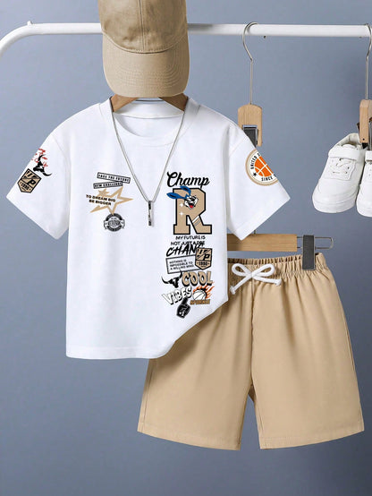 Baby Boy Cartoon Print Round Neck Short Sleeve T-Shirt And Casual Drawstring Waist Shorts Set