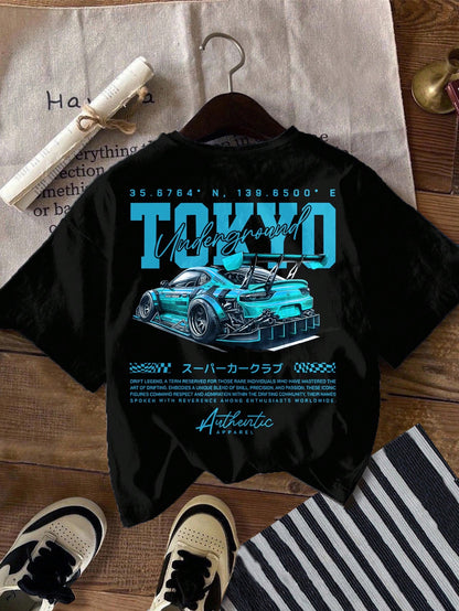 Baby Boy Casual Loose Comfortable Retro Car, Cartoon, Graffiti, English Letter Printed Short Sleeve Top, Suitable For Summer