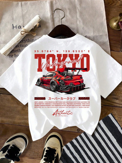Baby Boy Casual Loose Comfortable Retro Car, Cartoon, Graffiti, English Letter Printed Short Sleeve Top, Suitable For Summer