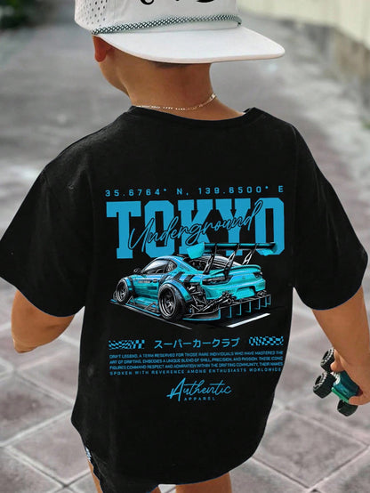 Baby Boy Casual Loose Comfortable Retro Car, Cartoon, Graffiti, English Letter Printed Short Sleeve Top, Suitable For Summer
