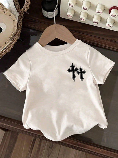 Baby Boy Casual Simple Cross Printed Round Neck Fun And Cute Top, Spring And Summer Collection