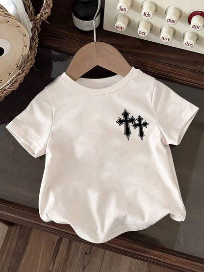 Baby Boy Casual Simple Cross Printed Round Neck Fun And Cute Top, Spring And Summer Collection