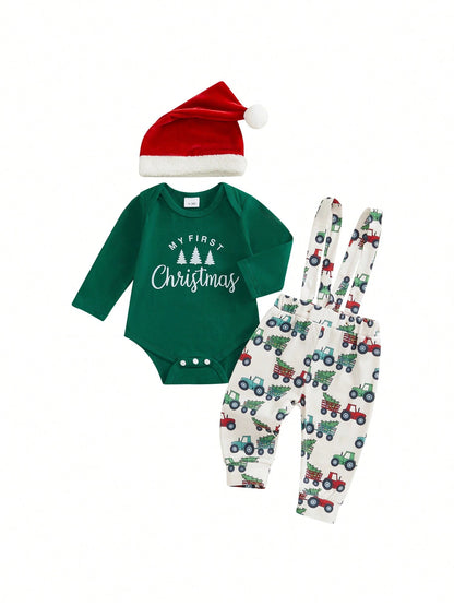 Baby Boy Christmas Outfit, Long Sleeve Dots Printed Bow Tie Romper With Overall Pants And Hat Infant Outfit