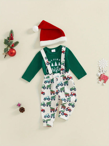 Baby Boy Christmas Outfit, Long Sleeve Dots Printed Bow Tie Romper With Overall Pants And Hat Infant Outfit