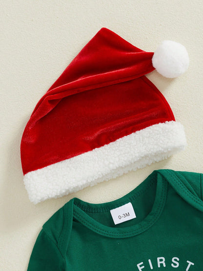 Baby Boy Christmas Outfit, Long Sleeve Dots Printed Bow Tie Romper With Overall Pants And Hat Infant Outfit