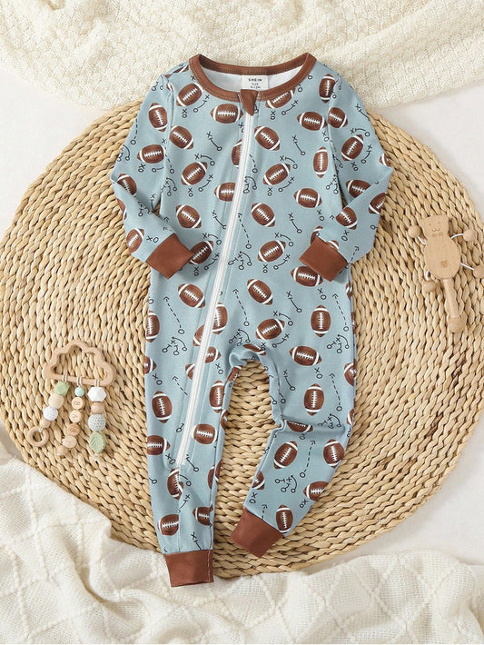 Baby Boy Knitted Crew Neck Long Sleeve Jumpsuit With Playful Pattern, Casual Loungewear For Spring/Summer