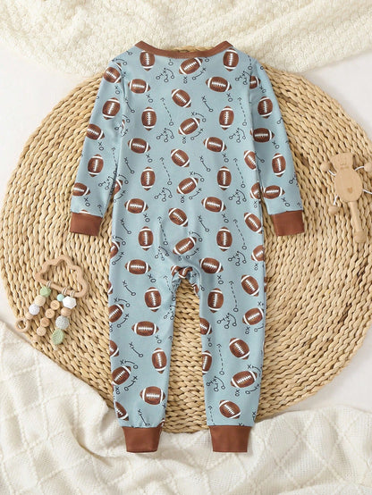 Baby Boy Knitted Crew Neck Long Sleeve Jumpsuit With Playful Pattern, Casual Loungewear For Spring/Summer