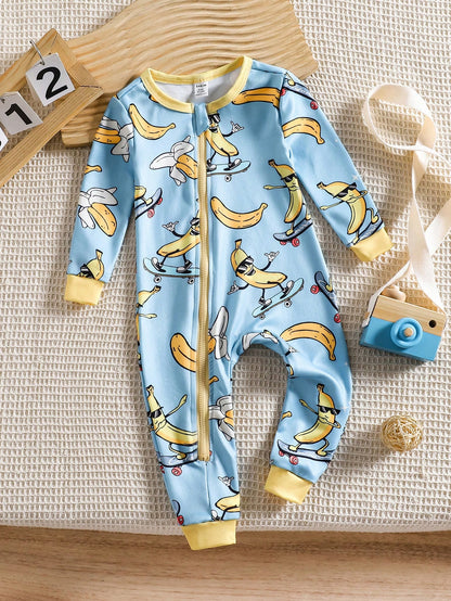 Baby Boy Knitted Crew Neck Long Sleeve Jumpsuit With Playful Pattern, Casual Loungewear For Spring/Summer