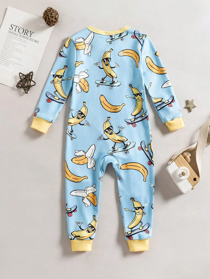 Baby Boy Knitted Crew Neck Long Sleeve Jumpsuit With Playful Pattern, Casual Loungewear For Spring/Summer
