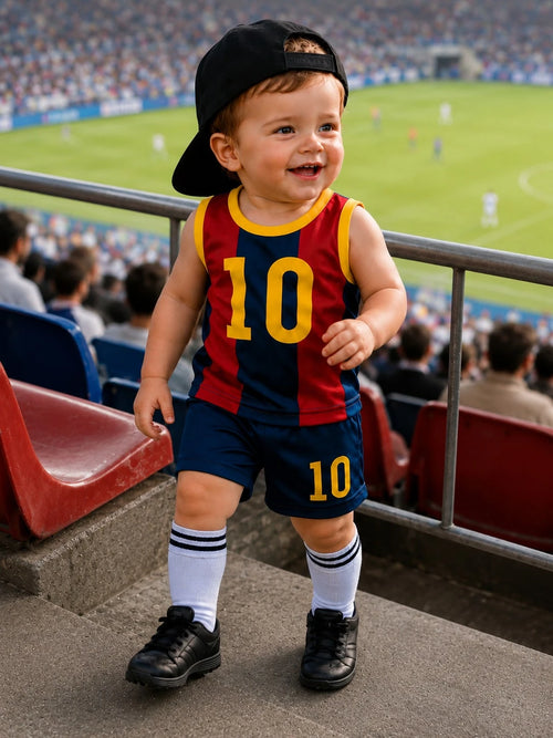 Baby Boy Summer Soccer Style Sports Set, Red & Blue Striped, #10 Print Mesh Tank Top & Shorts 2-Piece Set, Breathable Mesh Baby Jersey Uniform