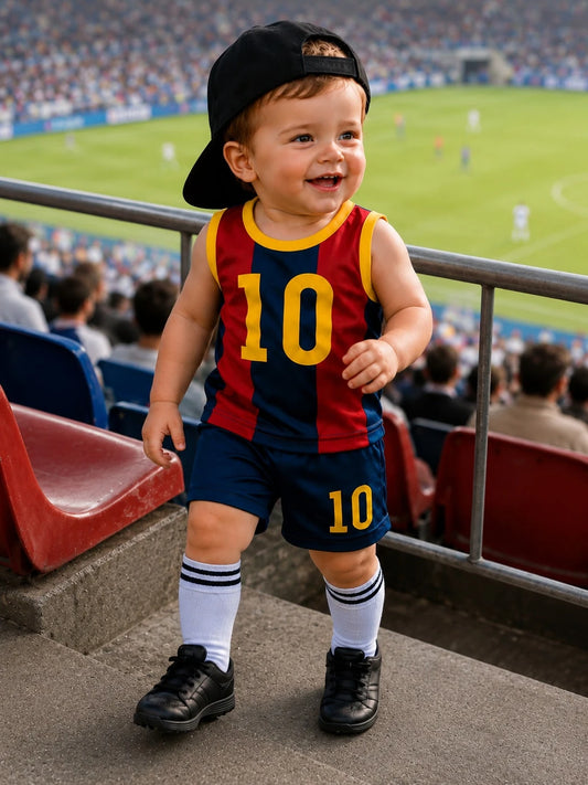 Baby Boy Summer Soccer Style Sports Set, Red & Blue Striped, #10 Print Mesh Tank Top & Shorts 2-Piece Set, Breathable Mesh Baby Jersey Uniform
