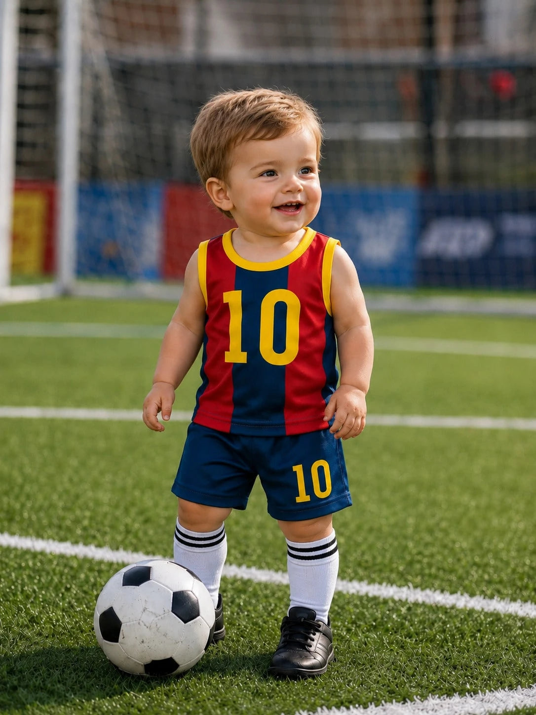 Baby Boy Summer Soccer Style Sports Set, Red & Blue Striped, #10 Print Mesh Tank Top & Shorts 2-Piece Set, Breathable Mesh Baby Jersey Uniform