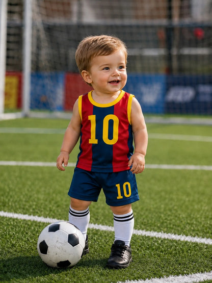 Baby Boy Summer Soccer Style Sports Set, Red & Blue Striped, #10 Print Mesh Tank Top & Shorts 2-Piece Set, Breathable Mesh Baby Jersey Uniform