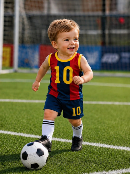Baby Boy Summer Soccer Style Sports Set, Red & Blue Striped, #10 Print Mesh Tank Top & Shorts 2-Piece Set, Breathable Mesh Baby Jersey Uniform