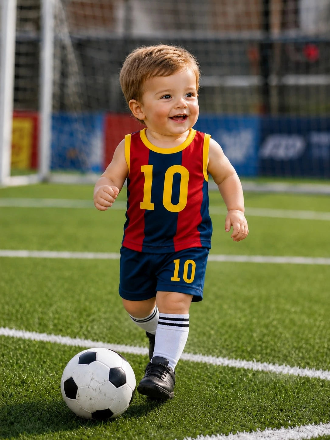 Baby Boy Summer Soccer Style Sports Set, Red & Blue Striped, #10 Print Mesh Tank Top & Shorts 2-Piece Set, Breathable Mesh Baby Jersey Uniform
