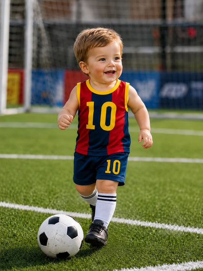 Baby Boy Summer Soccer Style Sports Set, Red & Blue Striped, #10 Print Mesh Tank Top & Shorts 2-Piece Set, Breathable Mesh Baby Jersey Uniform
