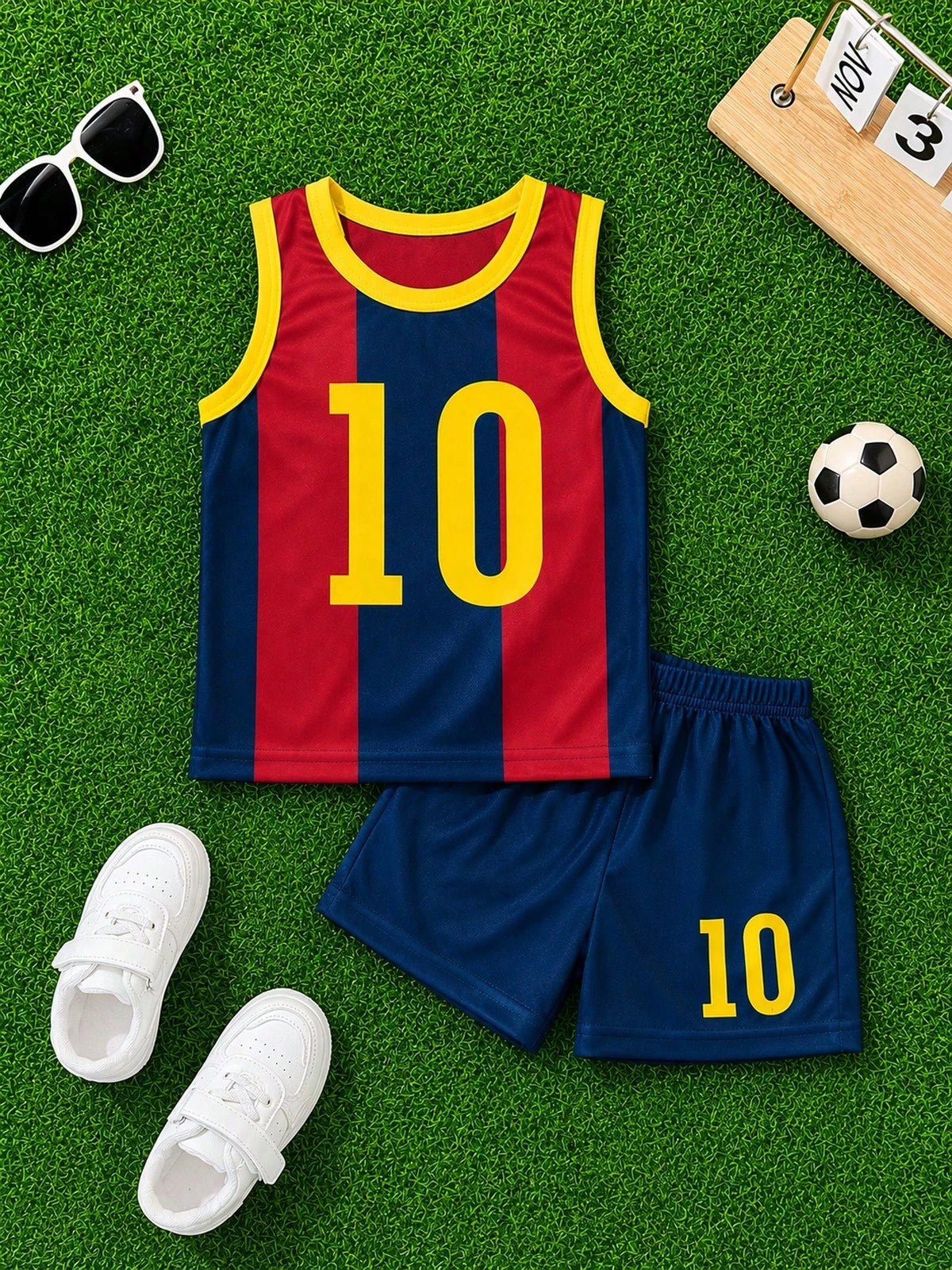 Baby Boy Summer Soccer Style Sports Set, Red & Blue Striped, #10 Print Mesh Tank Top & Shorts 2-Piece Set, Breathable Mesh Baby Jersey Uniform