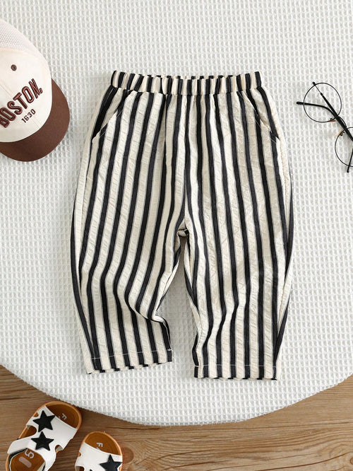 Baby Boy Textured Bubble White & Black Striped Woven Casual Pants, Suitable For Summer, Vacation, Daily Wear, Holidays