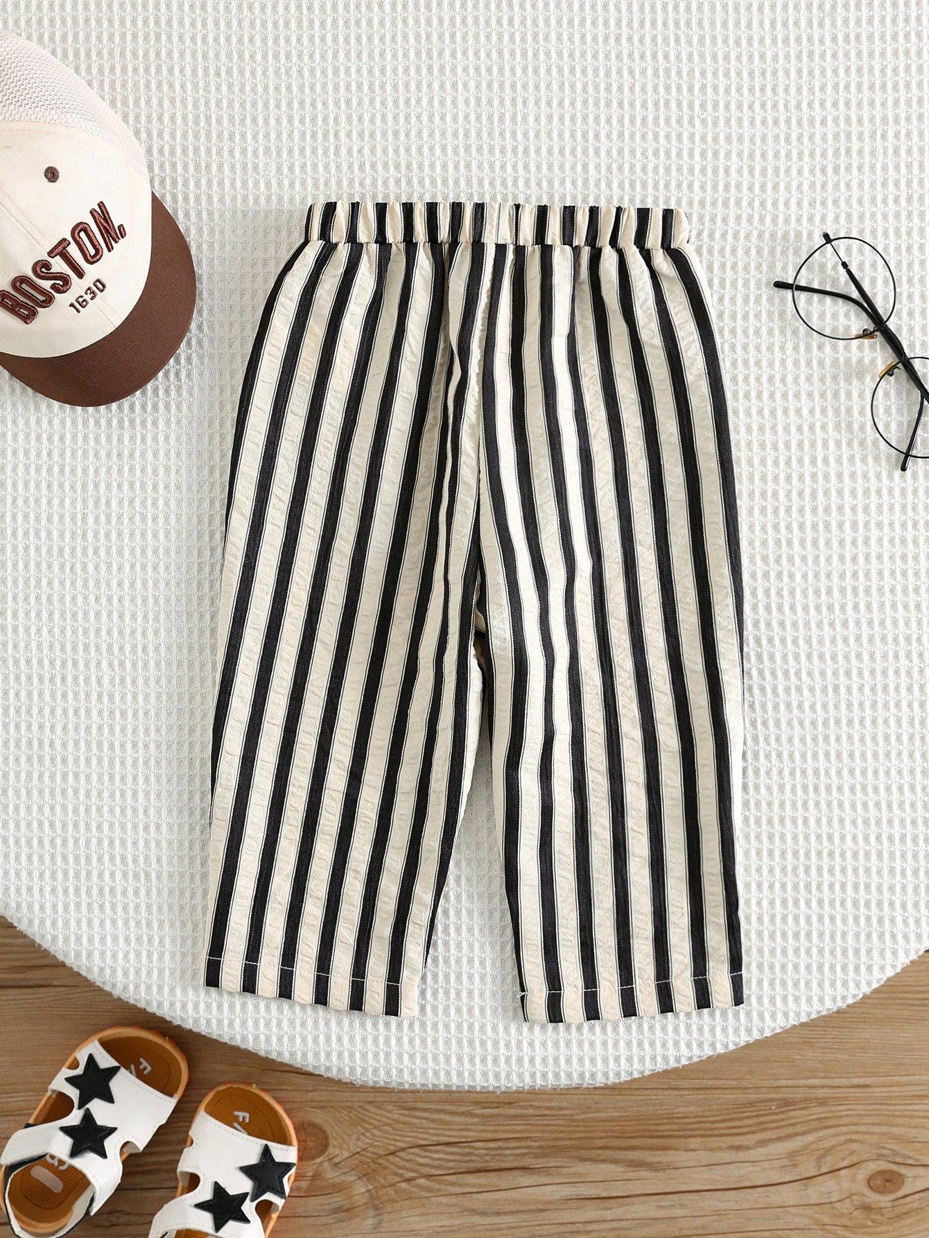 Baby Boy Textured Bubble White & Black Striped Woven Casual Pants, Suitable For Summer, Vacation, Daily Wear, Holidays