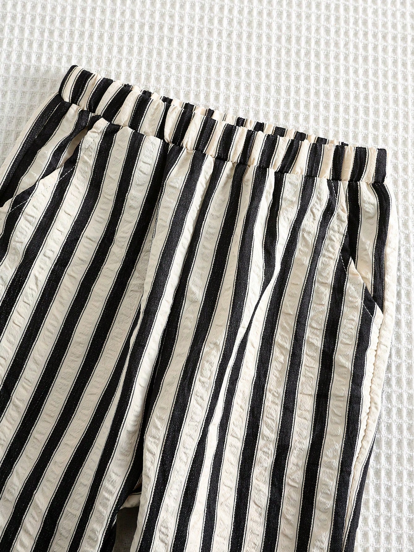Baby Boy Textured Bubble White & Black Striped Woven Casual Pants, Suitable For Summer, Vacation, Daily Wear, Holidays