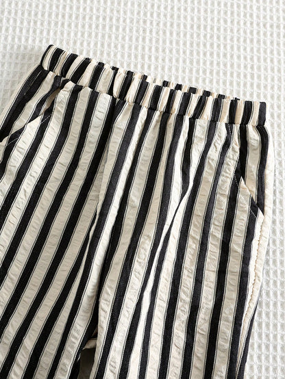 Baby Boy Textured Bubble White & Black Striped Woven Casual Pants, Suitable For Summer, Vacation, Daily Wear, Holidays