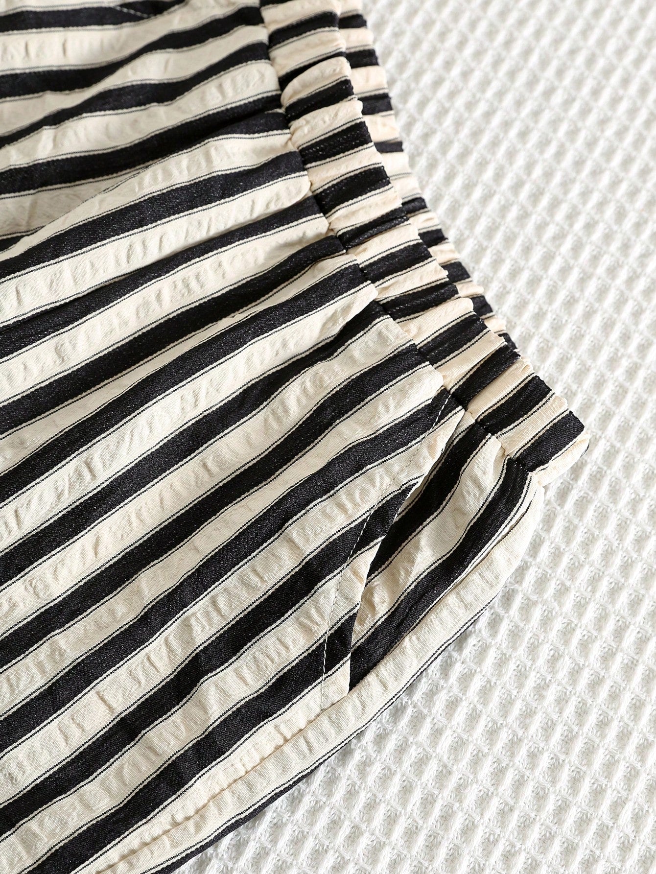 Baby Boy Textured Bubble White & Black Striped Woven Casual Pants, Suitable For Summer, Vacation, Daily Wear, Holidays