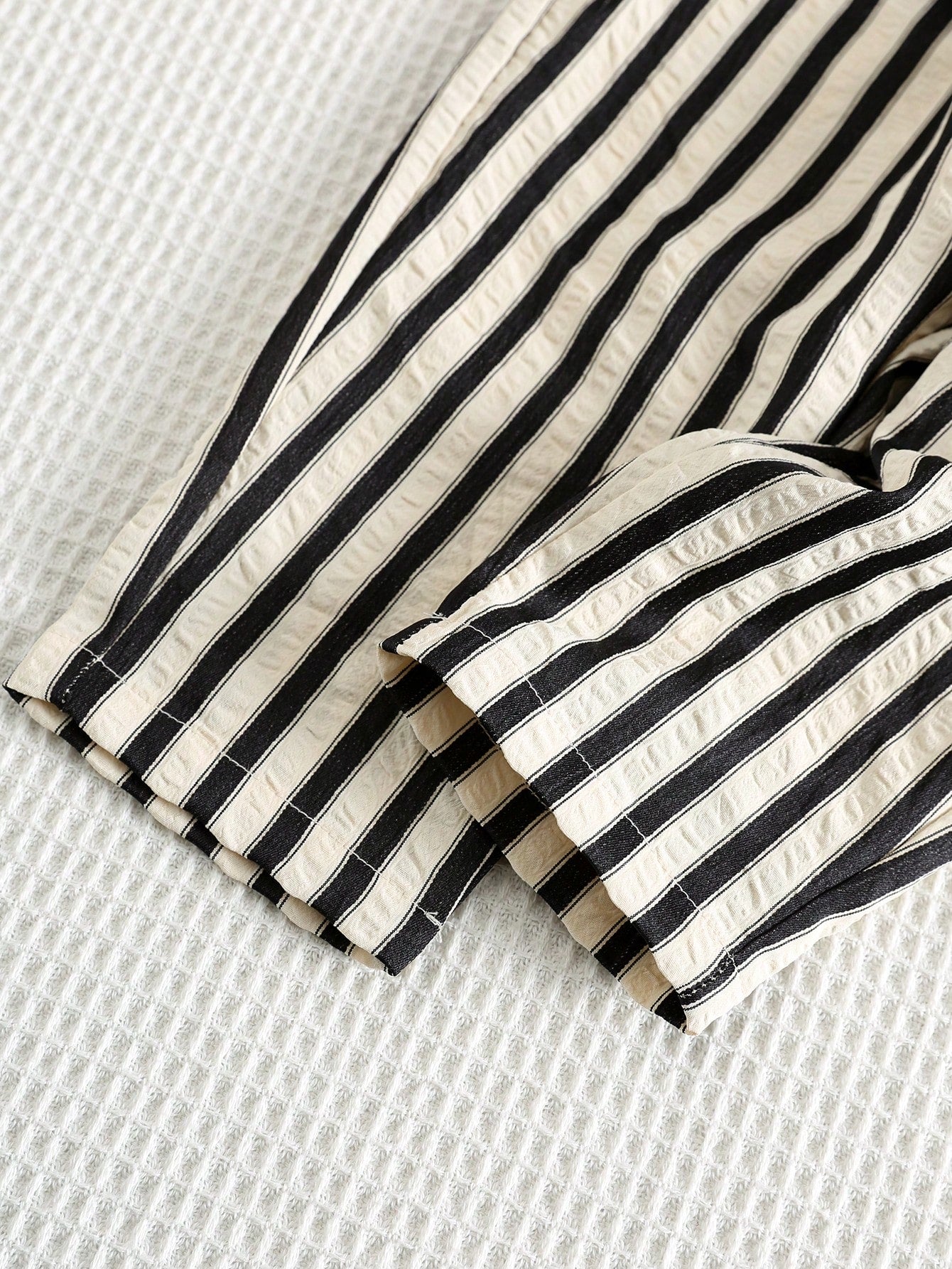 Baby Boy Textured Bubble White & Black Striped Woven Casual Pants, Suitable For Summer, Vacation, Daily Wear, Holidays