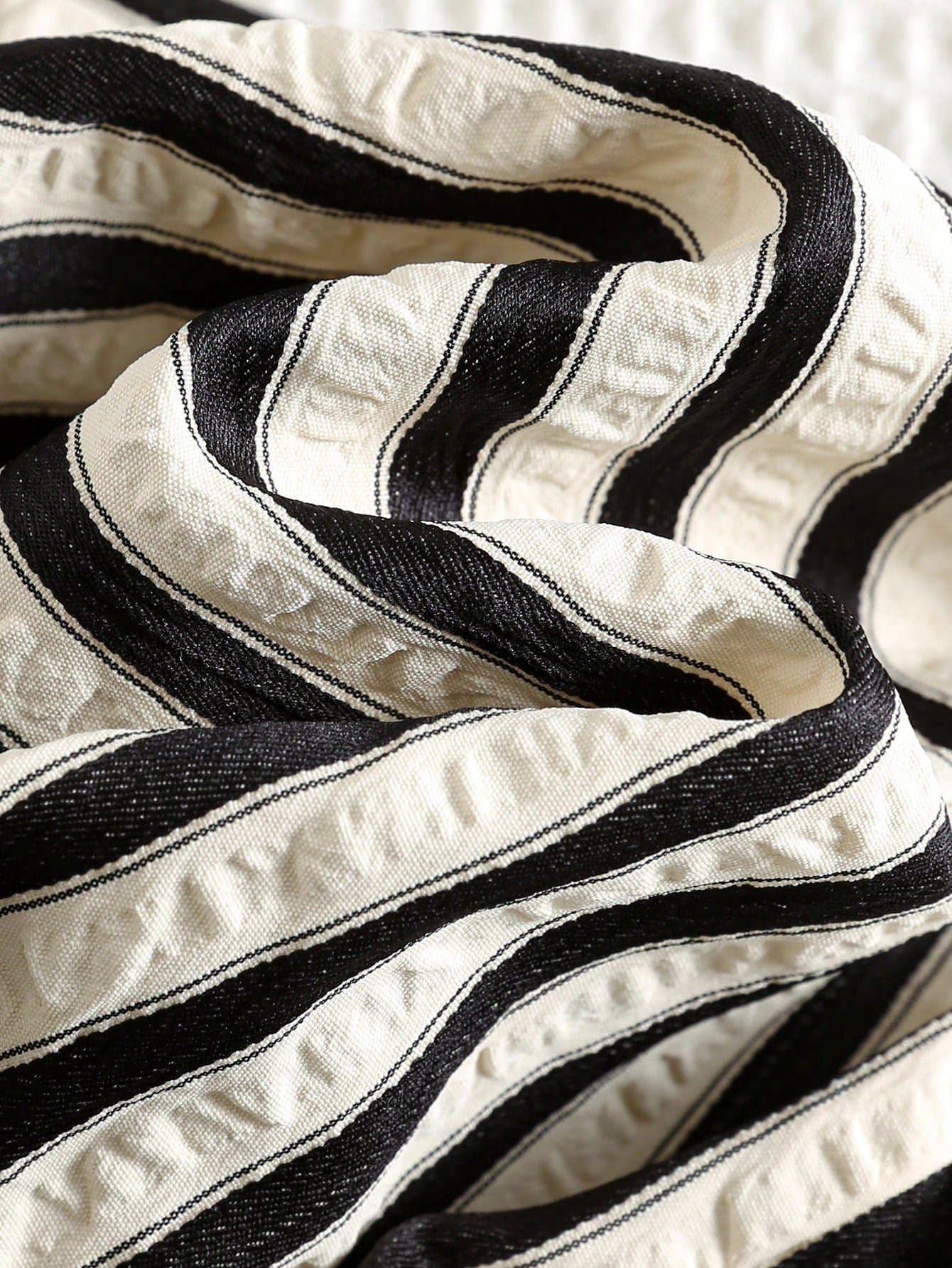 Baby Boy Textured Bubble White & Black Striped Woven Casual Pants, Suitable For Summer, Vacation, Daily Wear, Holidays