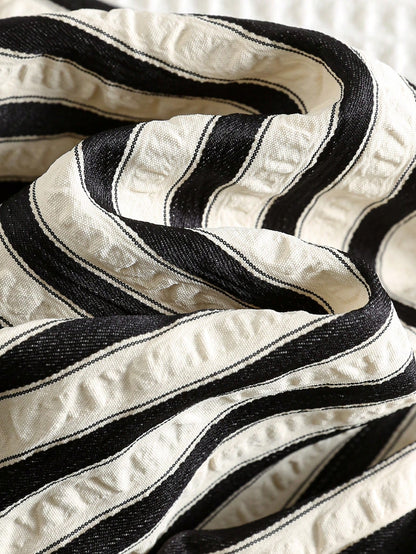Baby Boy Textured Bubble White & Black Striped Woven Casual Pants, Suitable For Summer, Vacation, Daily Wear, Holidays
