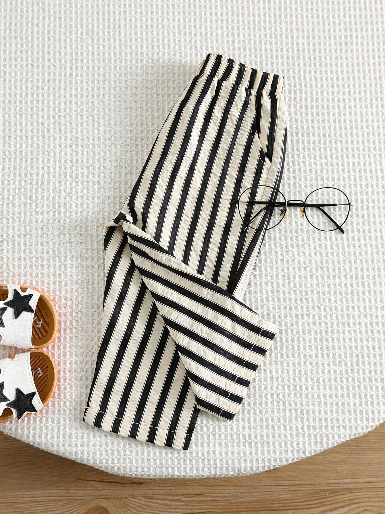 Baby Boy Textured Bubble White & Black Striped Woven Casual Pants, Suitable For Summer, Vacation, Daily Wear, Holidays
