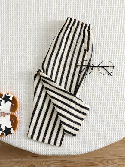 Baby Boy Textured Bubble White & Black Striped Woven Casual Pants, Suitable For Summer, Vacation, Daily Wear, Holidays