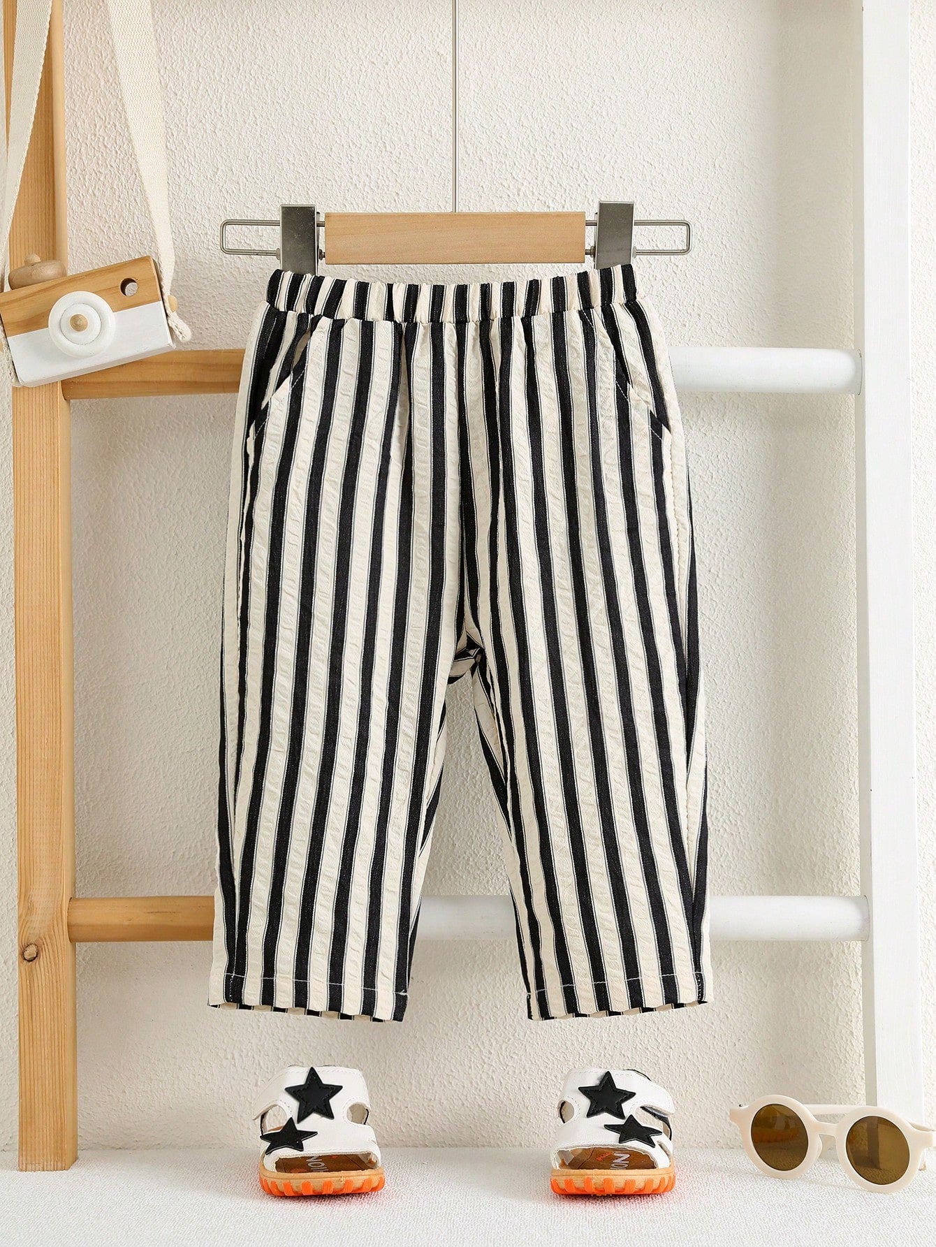Baby Boy Textured Bubble White & Black Striped Woven Casual Pants, Suitable For Summer, Vacation, Daily Wear, Holidays