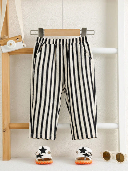 Baby Boy Textured Bubble White & Black Striped Woven Casual Pants, Suitable For Summer, Vacation, Daily Wear, Holidays