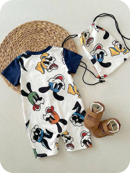 Baby Boy White Summer Casual Cute Family Matching Cartoon Animal Print Short Sleeve Romper,Colorblock Comfortable Romper For Daily Wear,Party,Photo