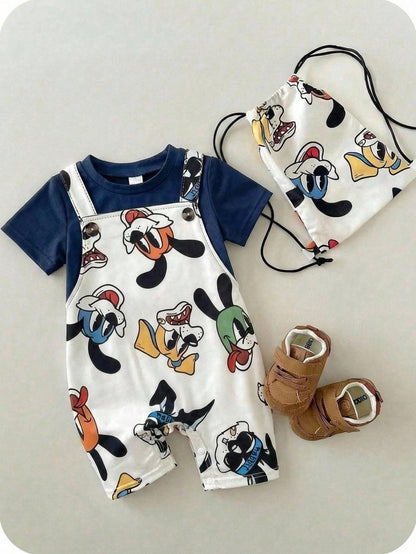 Baby Boy White Summer Casual Cute Family Matching Cartoon Animal Print Short Sleeve Romper,Colorblock Comfortable Romper For Daily Wear,Party,Photo