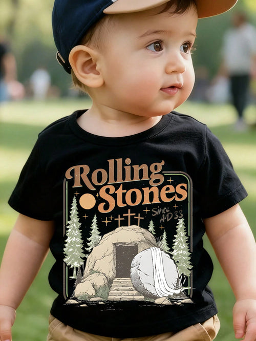 Baby Boys RollingStones Since AD33 Empty Tomb Pine Tree Cross Retro Christian Easter Graphic Soft Black Short Sleeve Toddler T-Shirt