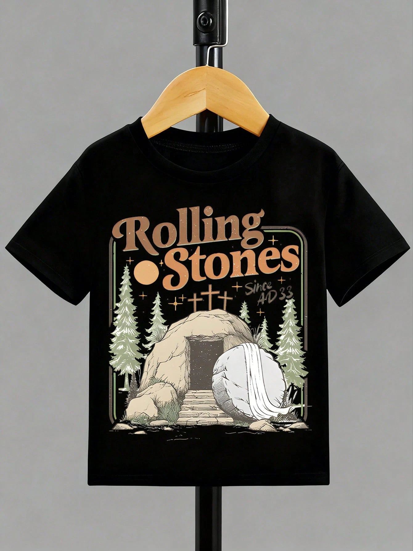 Baby Boys RollingStones Since AD33 Empty Tomb Pine Tree Cross Retro Christian Easter Graphic Soft Black Short Sleeve Toddler T-Shirt
