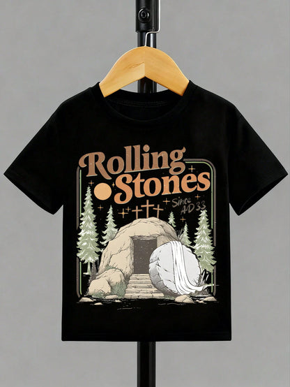 Baby Boys RollingStones Since AD33 Empty Tomb Pine Tree Cross Retro Christian Easter Graphic Soft Black Short Sleeve Toddler T-Shirt