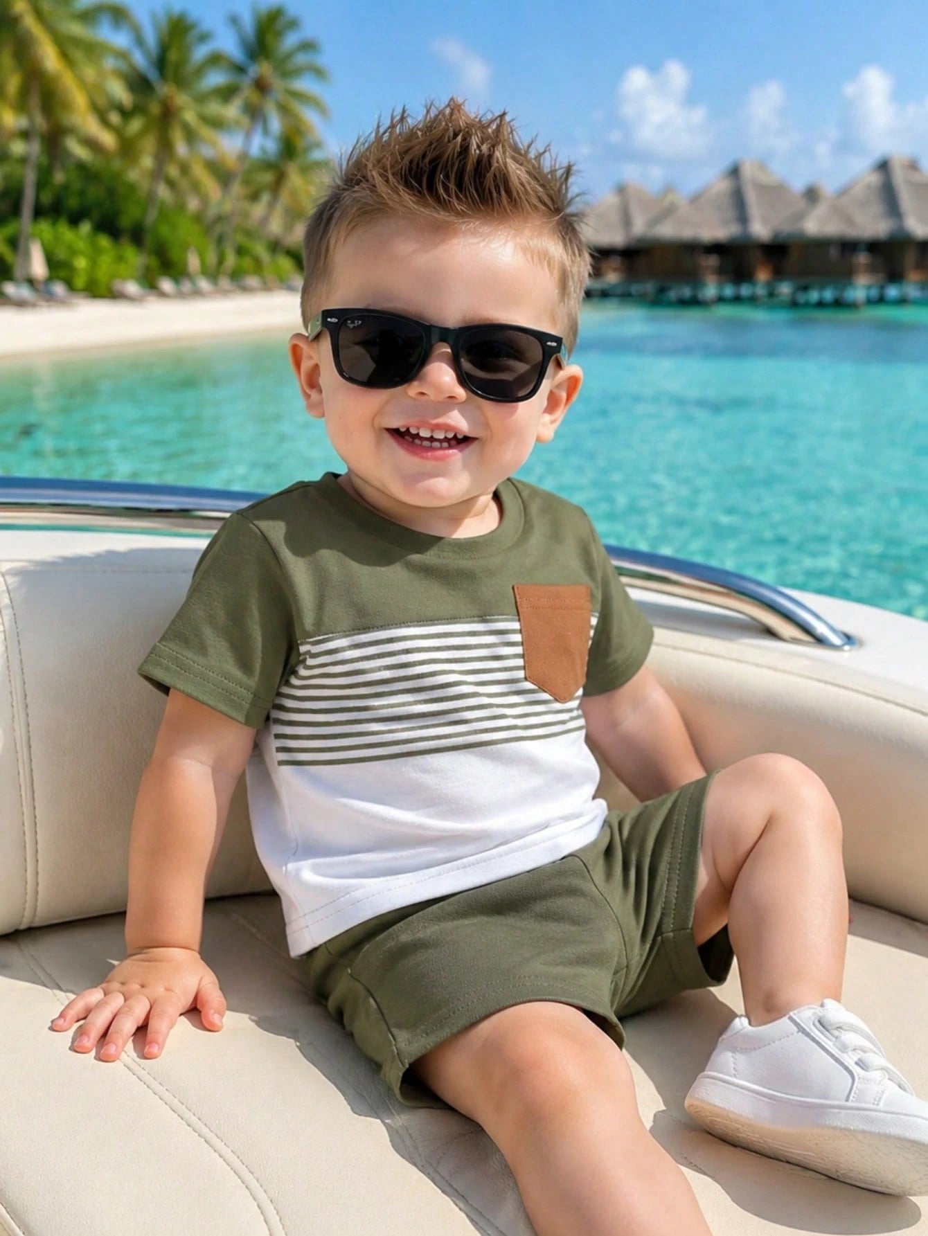 Baby Boys' Summer Army Green Navy Blue & White Striped Splice Short Sleeve Top And Shorts Set Slim Fit Comfortable Casual Vacation Holiday Outfits