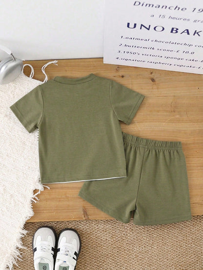 Baby Boys' Summer Army Green Navy Blue & White Striped Splice Short Sleeve Top And Shorts Set Slim Fit Comfortable Casual Vacation Holiday Outfits