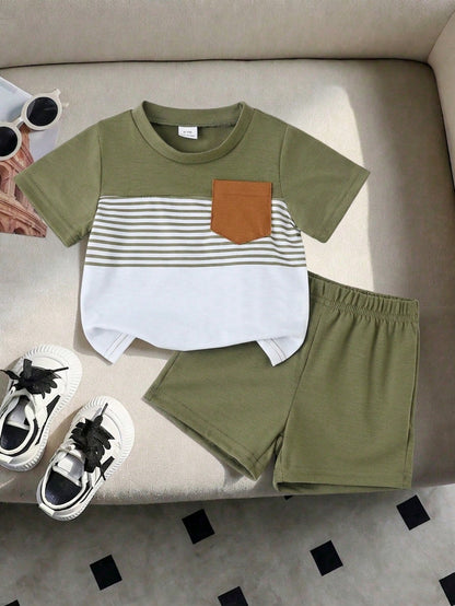 Baby Boys' Summer Army Green Navy Blue & White Striped Splice Short Sleeve Top And Shorts Set Slim Fit Comfortable Casual Vacation Holiday Outfits