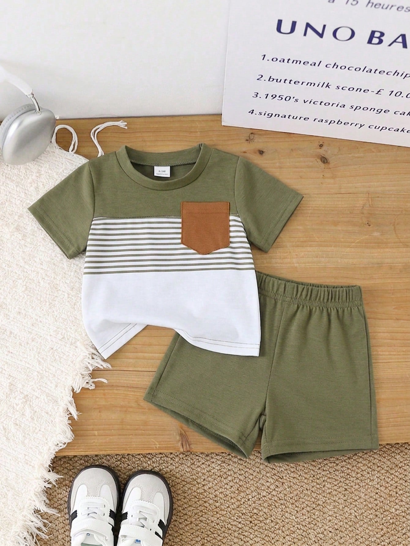 Baby Boys' Summer Army Green Navy Blue & White Striped Splice Short Sleeve Top And Shorts Set Slim Fit Comfortable Casual Vacation Holiday Outfits