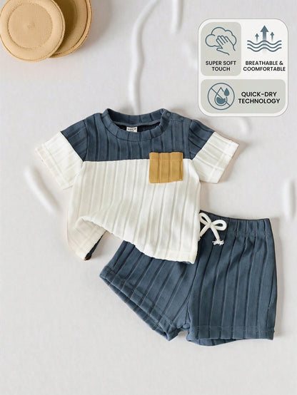 Baby Boys' Summer Army Green Navy Blue & White Striped Splice Short Sleeve Top And Shorts Set Slim Fit Comfortable Casual Vacation Holiday Outfits