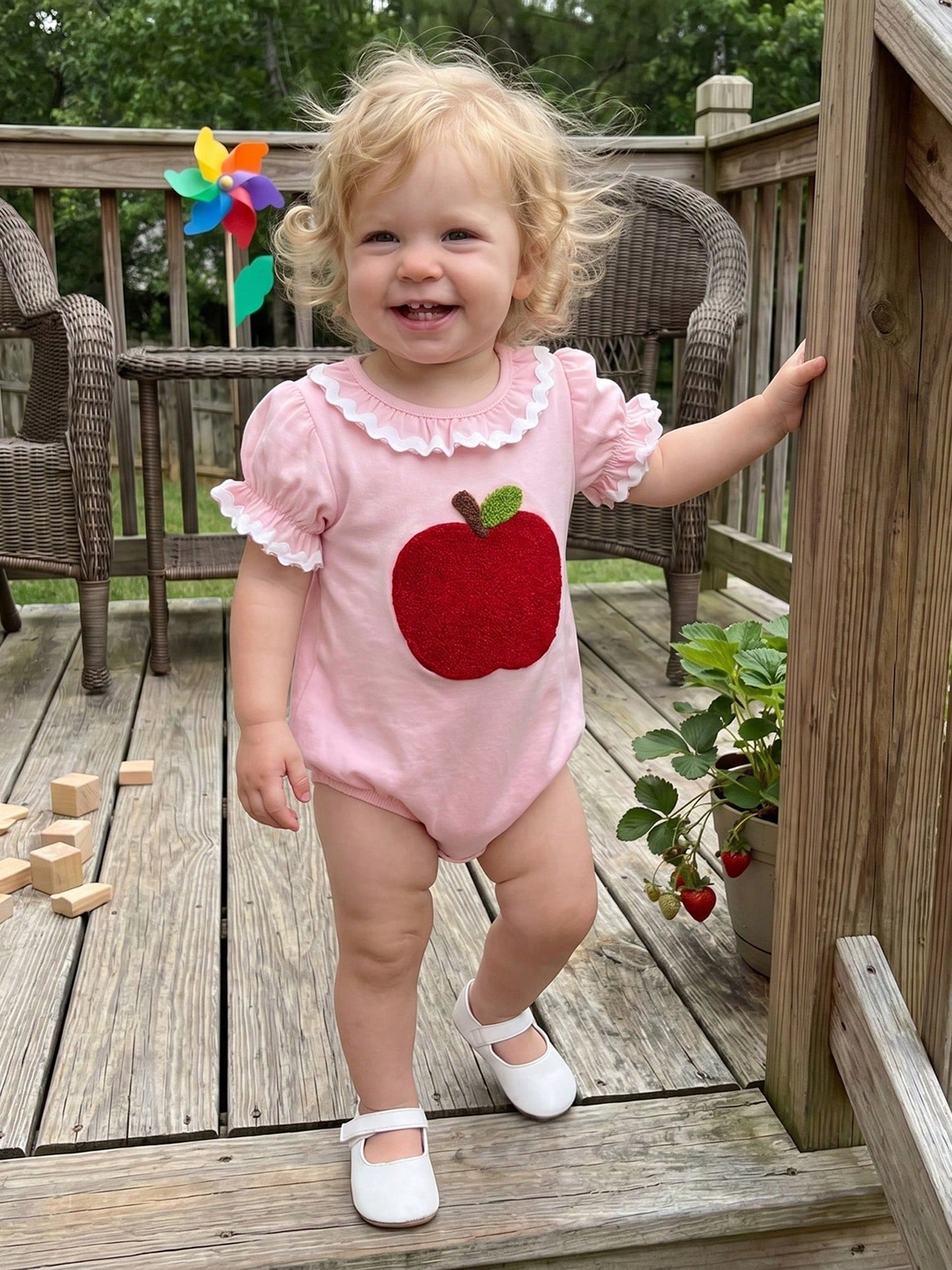 Baby Girl Back To School Romper Newborn Coming Home Outfit Infant Summer Clothes Scallop Trim Short Sleeve Fruit Bodysuit Tops