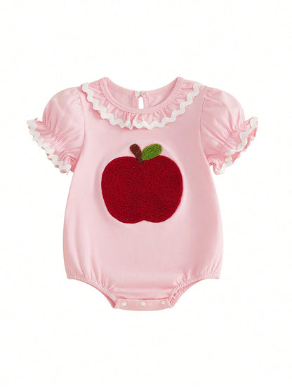 Baby Girl Back To School Romper Newborn Coming Home Outfit Infant Summer Clothes Scallop Trim Short Sleeve Fruit Bodysuit Tops