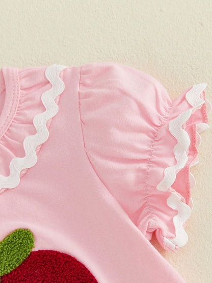 Baby Girl Back To School Romper Newborn Coming Home Outfit Infant Summer Clothes Scallop Trim Short Sleeve Fruit Bodysuit Tops