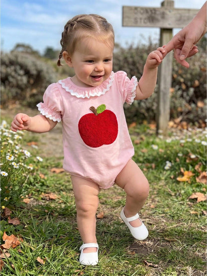 Baby Girl Back To School Romper Newborn Coming Home Outfit Infant Summer Clothes Scallop Trim Short Sleeve Fruit Bodysuit Tops